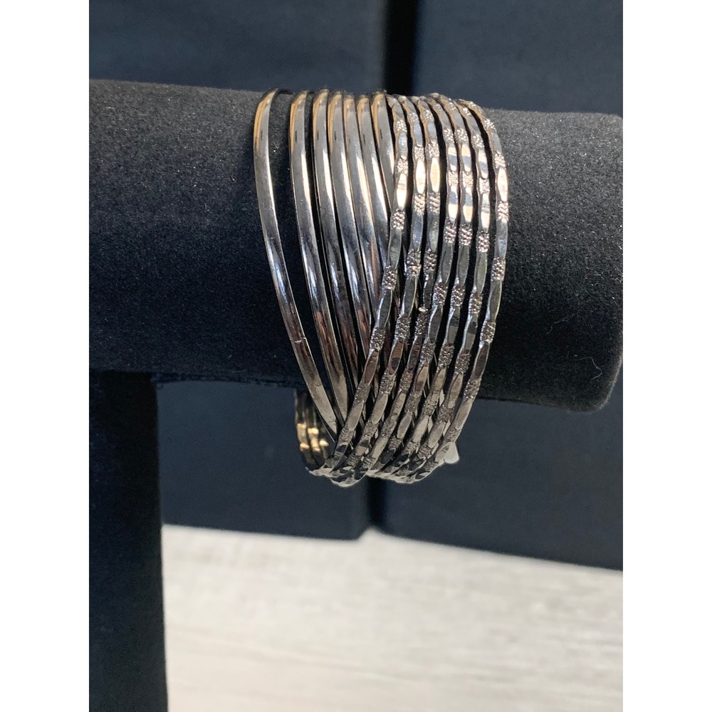 Gunmetal Multi Strand Stackable Bangle Bracelet Set Textured Interlocking 8in